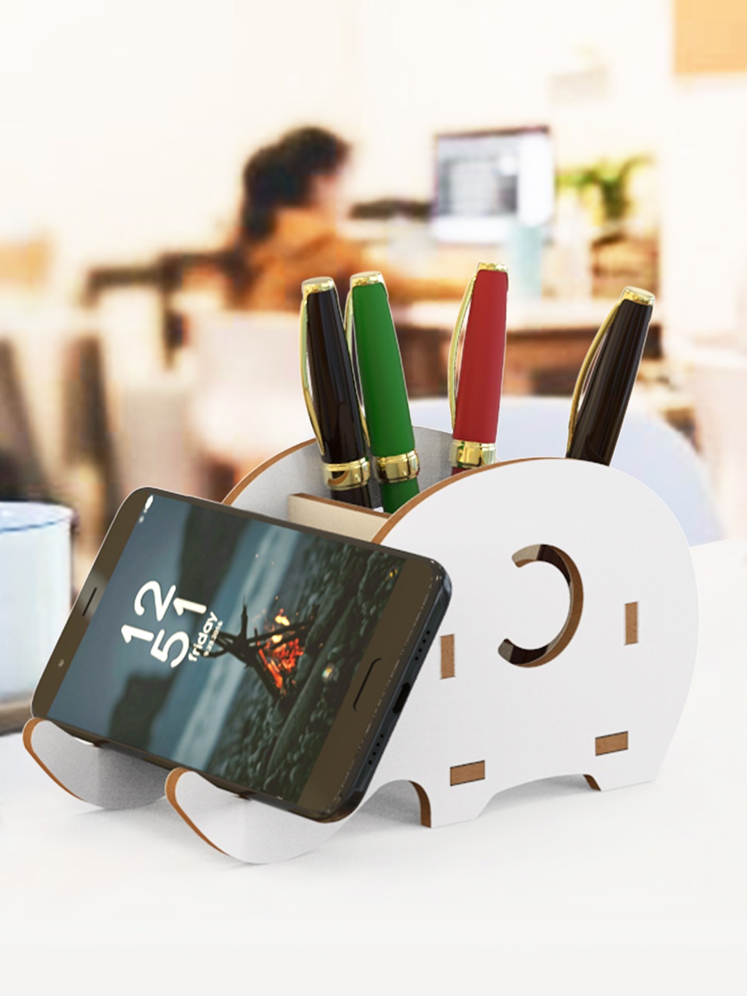 

Home Sparkle White Solid Elephant Shape Pen Stand With Mobile Holder