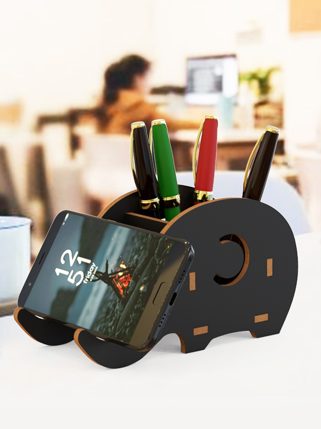

Home Sparkle Black Elephant Shape Pen Stand With Mobile Holder