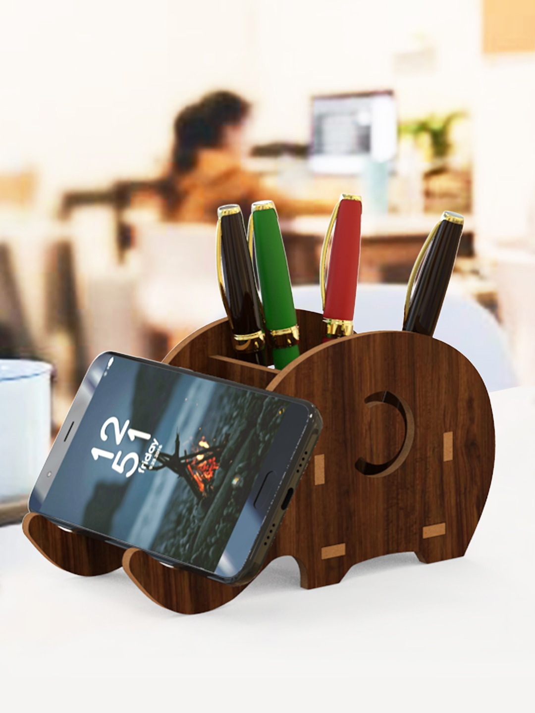 

Home Sparkle Brown Elephant Shape Pen Stand With Mobile Holder