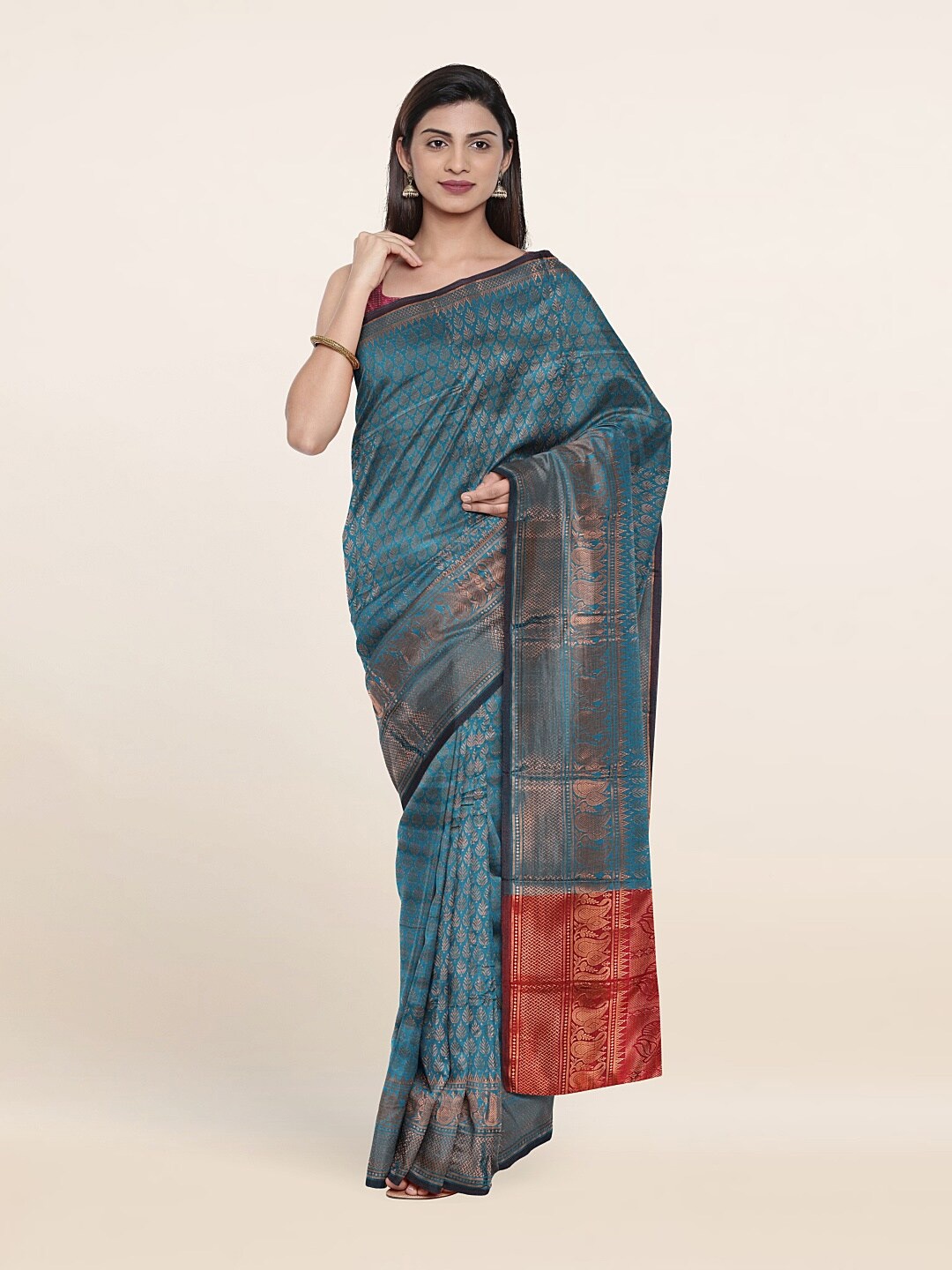 

Pothys Blue & Gold-Toned Woven Design Zari Saree