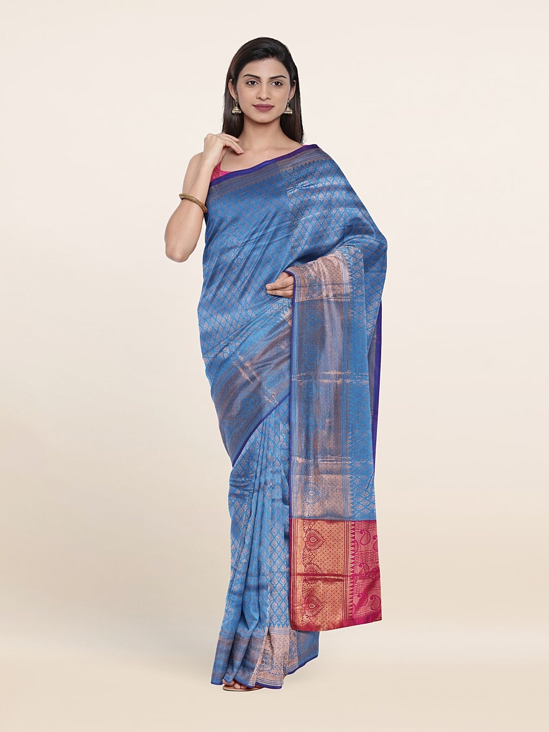 

Pothys Blue & Pink Ethnic Motifs Zari Saree