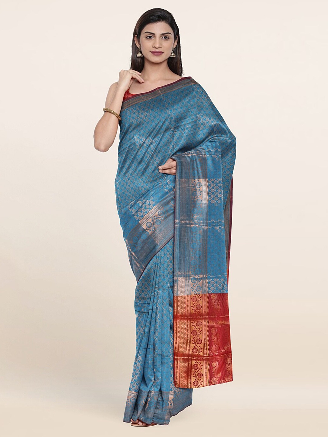 

Pothys Blue & Red Ethnic Motifs Zari Saree