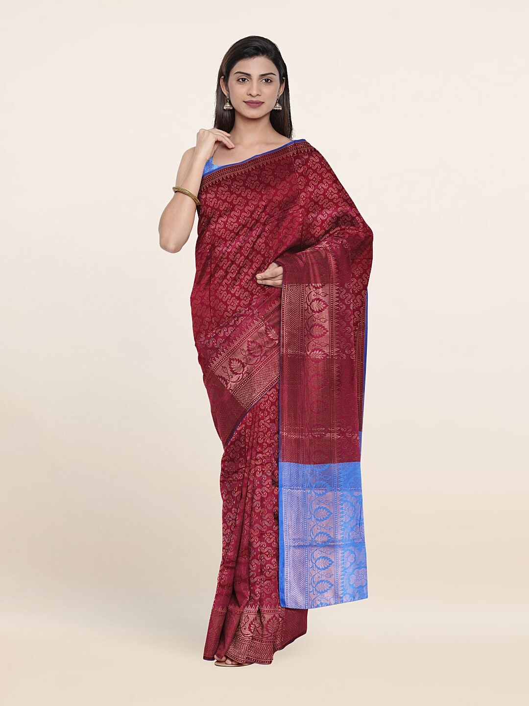 

Pothys Maroon & Blue Ethnic Motifs Zari Saree