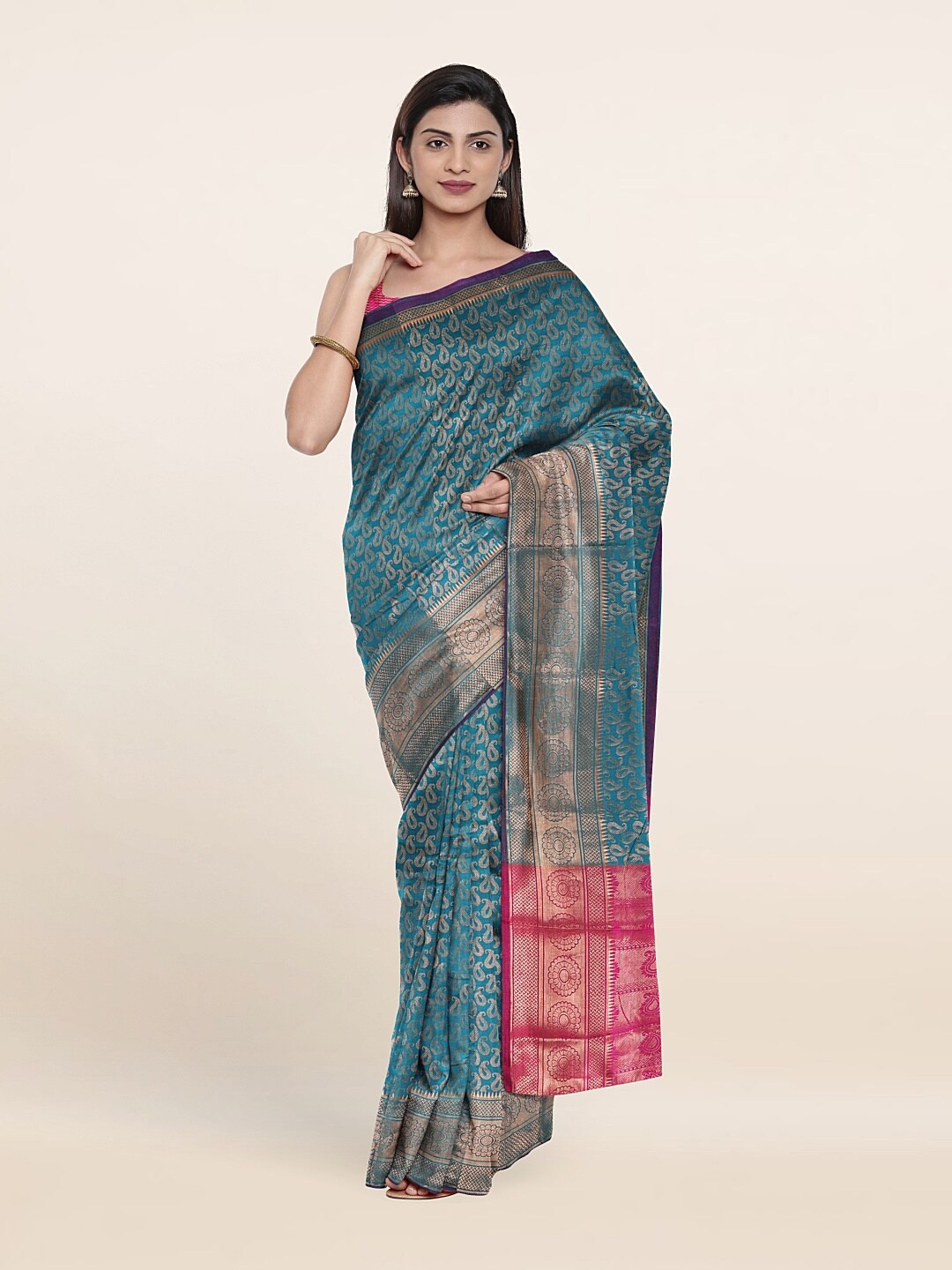 

Pothys Green & Red Paisley Print Zari Saree