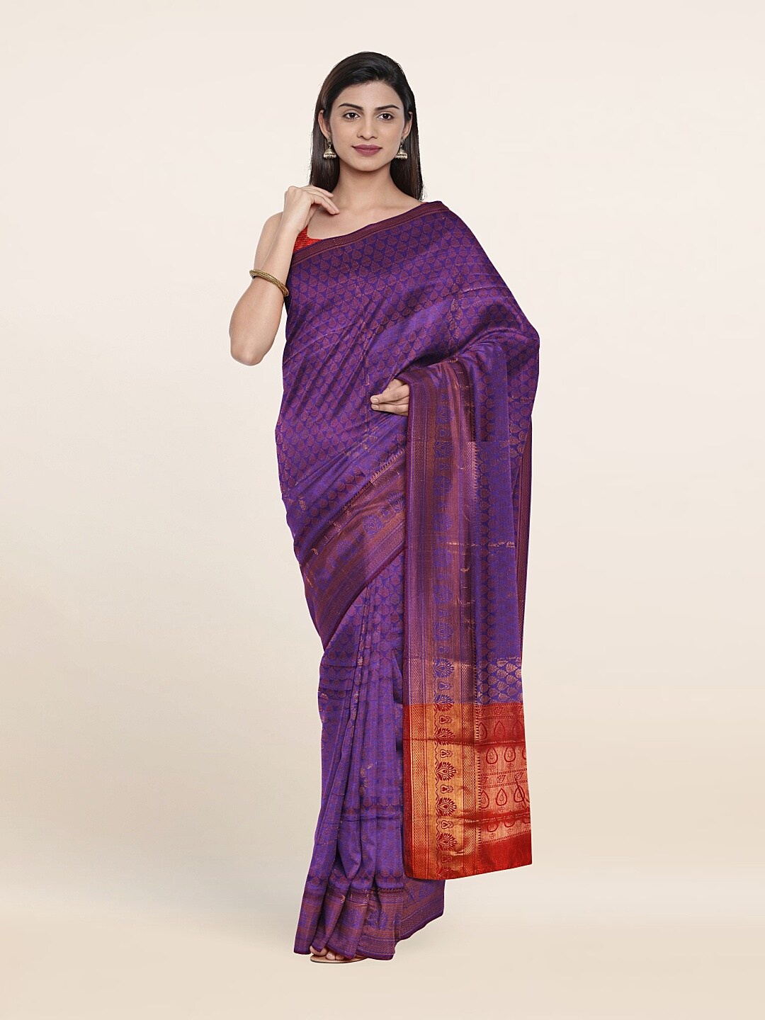 

Pothys Violet & Red Ethnic Motifs Zari Saree