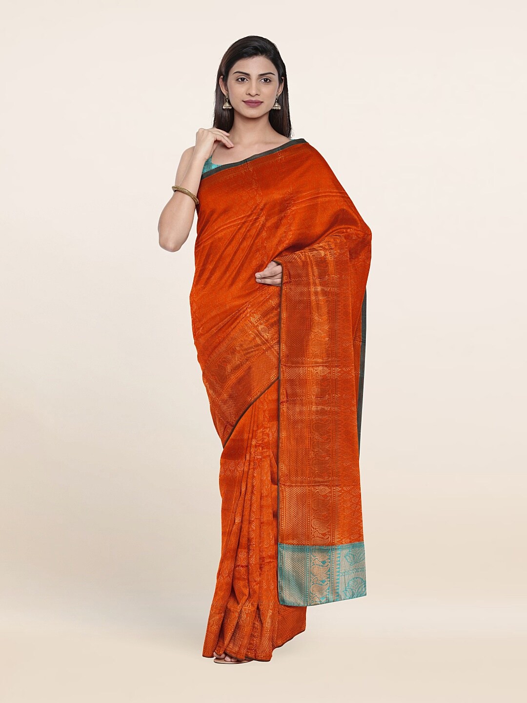 

Pothys Orange & Green Woven Design Zari Saree