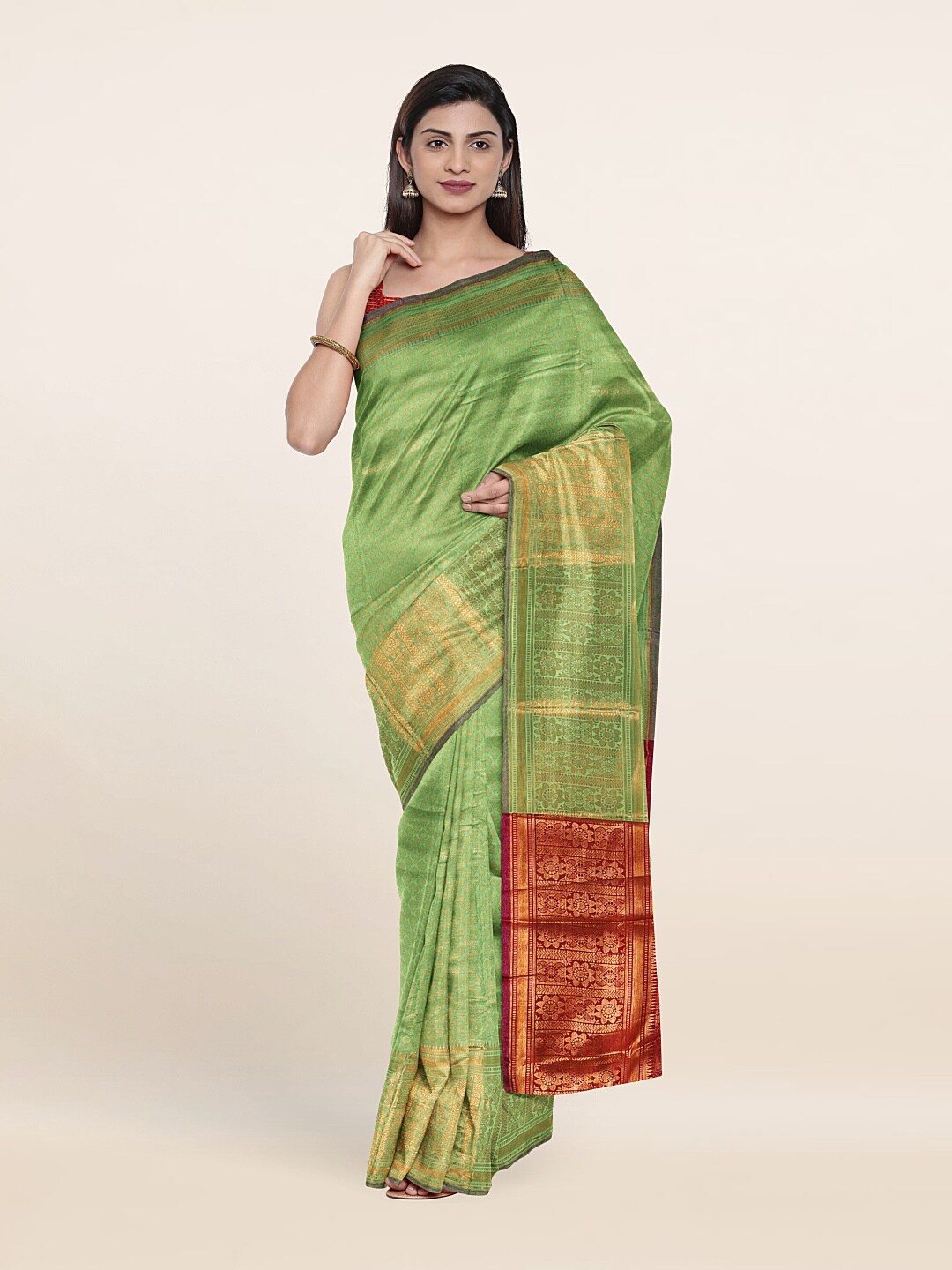 

Pothys Green & Red Woven Design Zari Saree