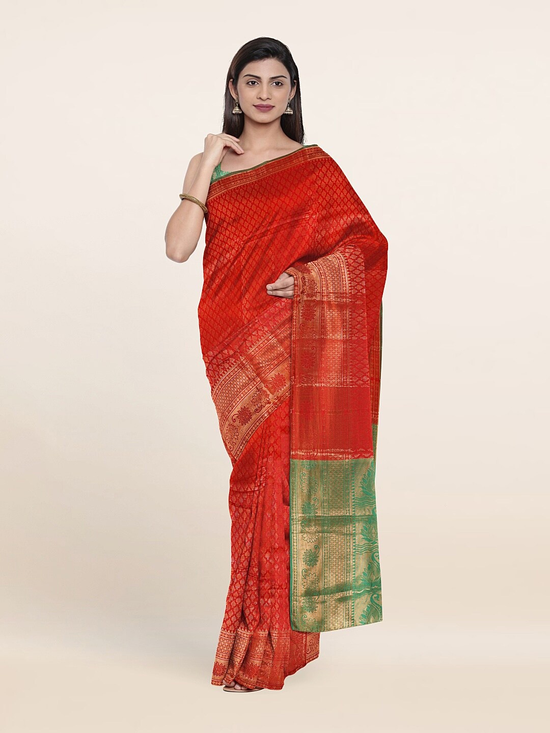 

Pothys Red & Green Ethnic Motifs Zari Saree