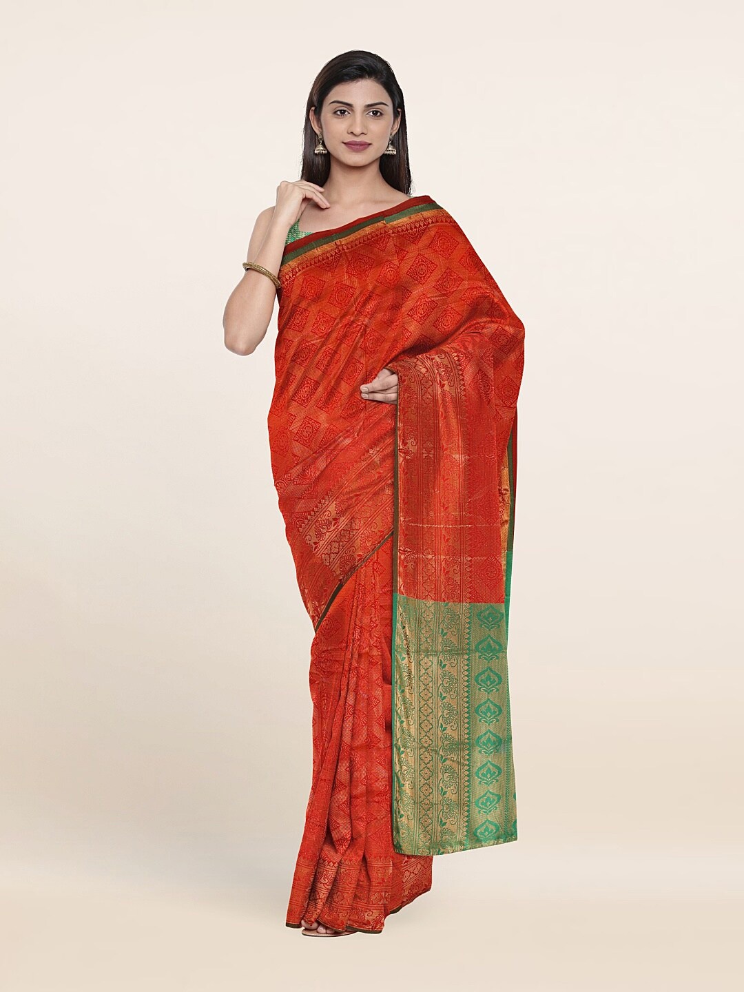 

Pothys Red & Green Ethnic Motifs Zari Saree