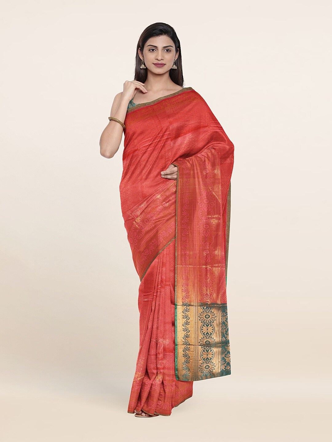 

Pothys Peach-Coloured & Green Woven Design Zari Saree