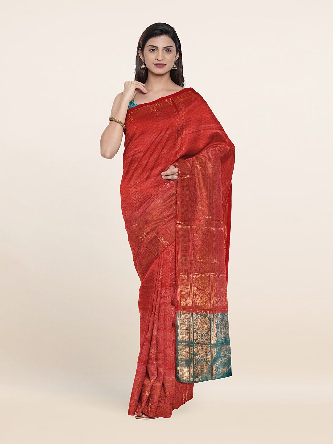 

Pothys Rust & Green Woven Design Zari Saree