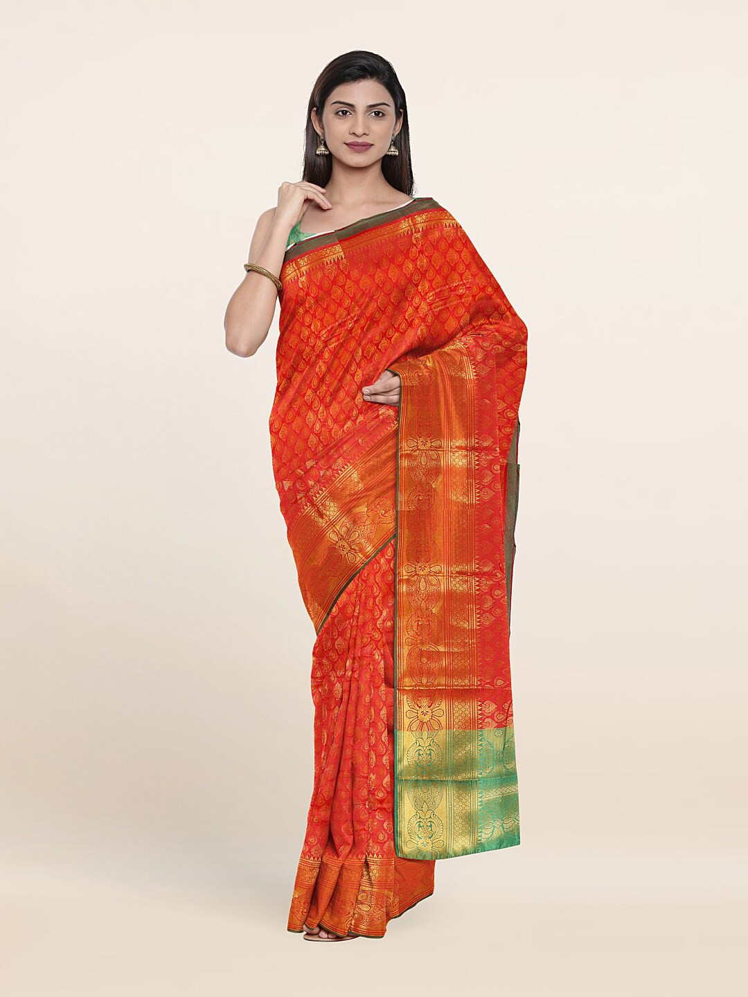 

Pothys Red & Green Ethnic Motifs Zari Saree