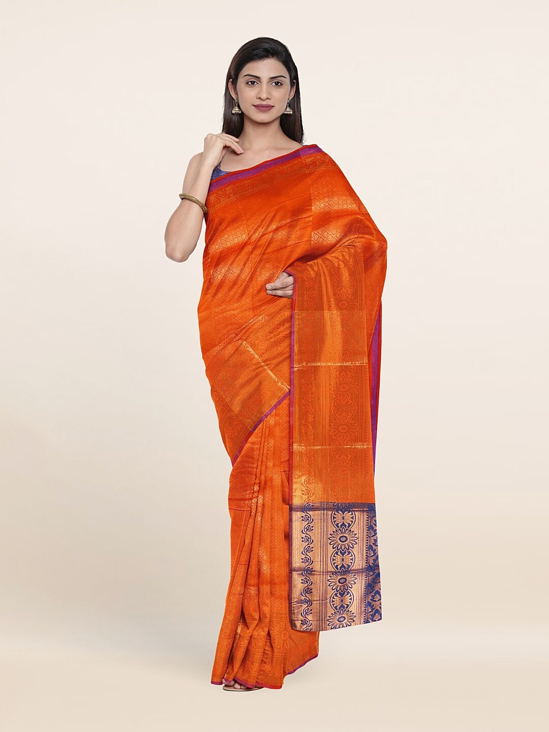 

Pothys Orange & Blue Woven Design Zari Cotton Blend Saree