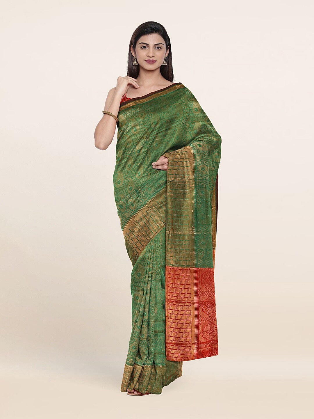 

Pothys Green & Red Woven Design Zari Saree With Unstitched Blouse Piece