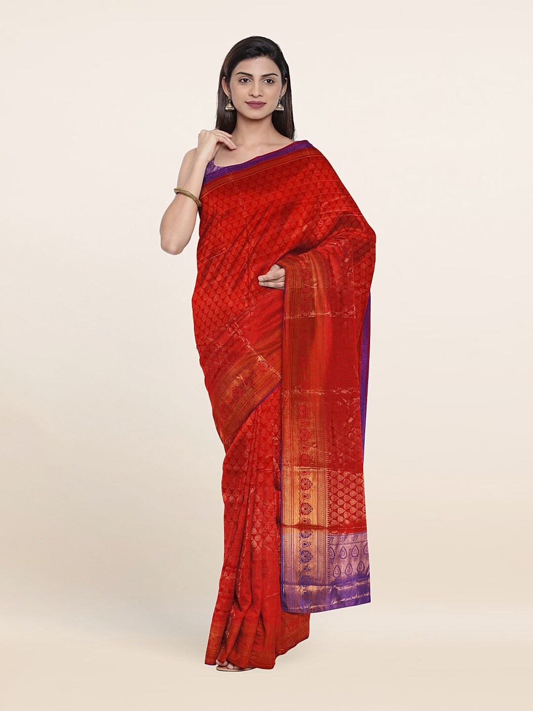 

Pothys Red & Blue Ethnic Motifs Zari Cotton Blend Saree