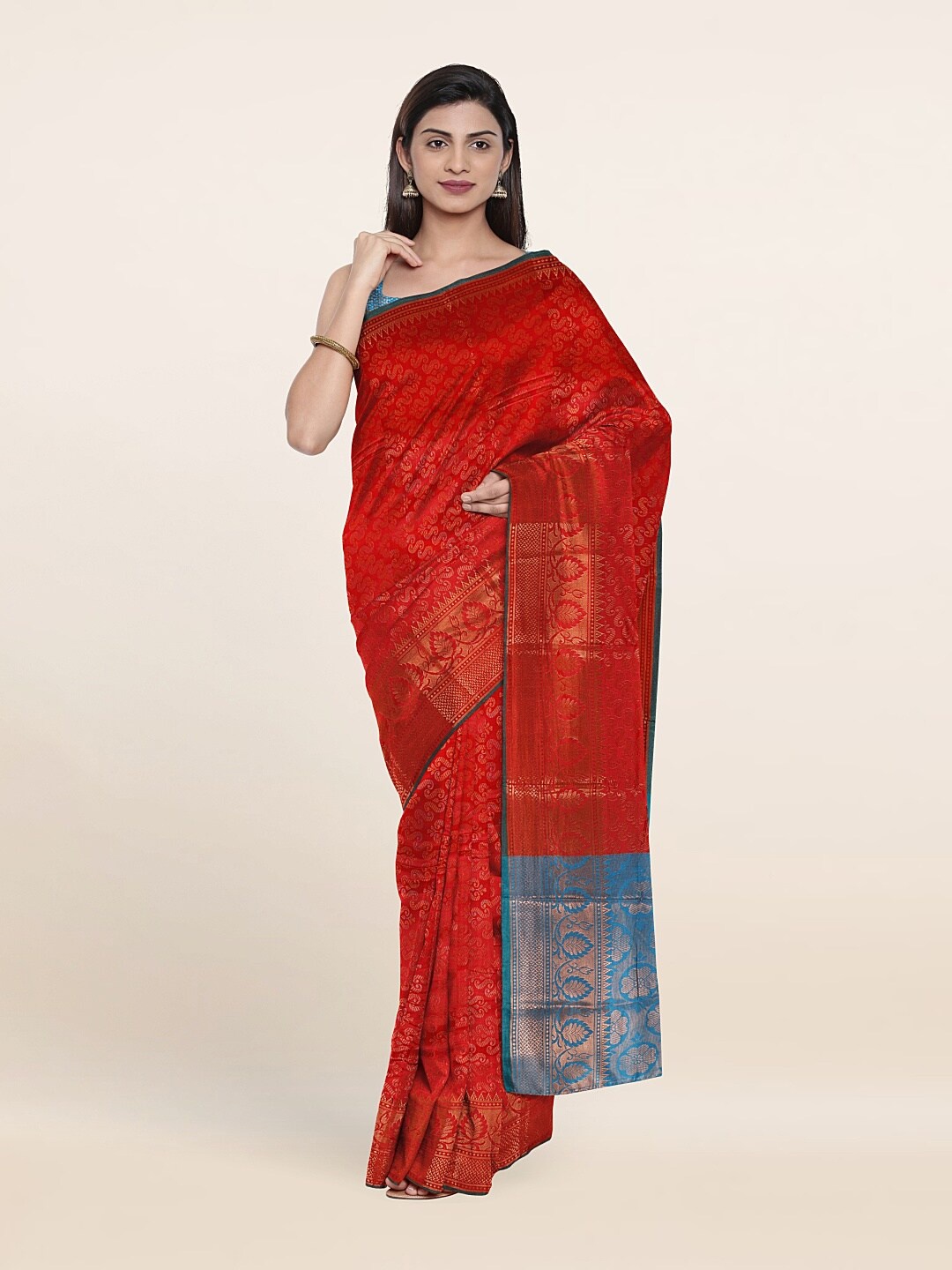 

Pothys Red & Blue Ethnic Motifs Zari Saree