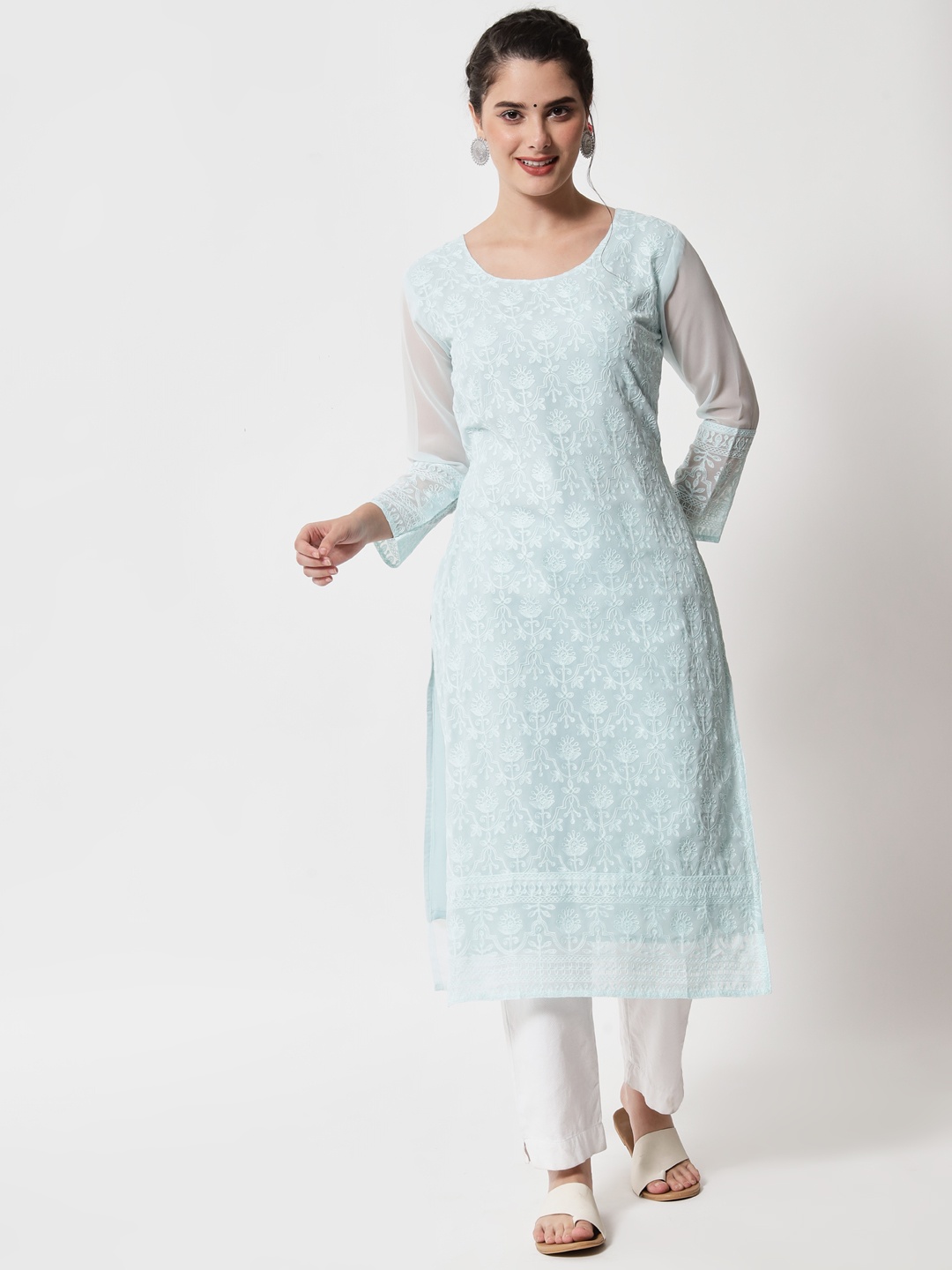 

VAIRAGEE Women Teal Ethnic Motifs Embroidered Chikankari Georgette Kurta