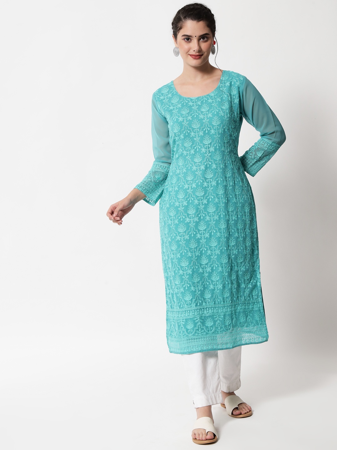 

VAIRAGEE Women Blue Ethnic Motifs Chikankari Georgette Kurta