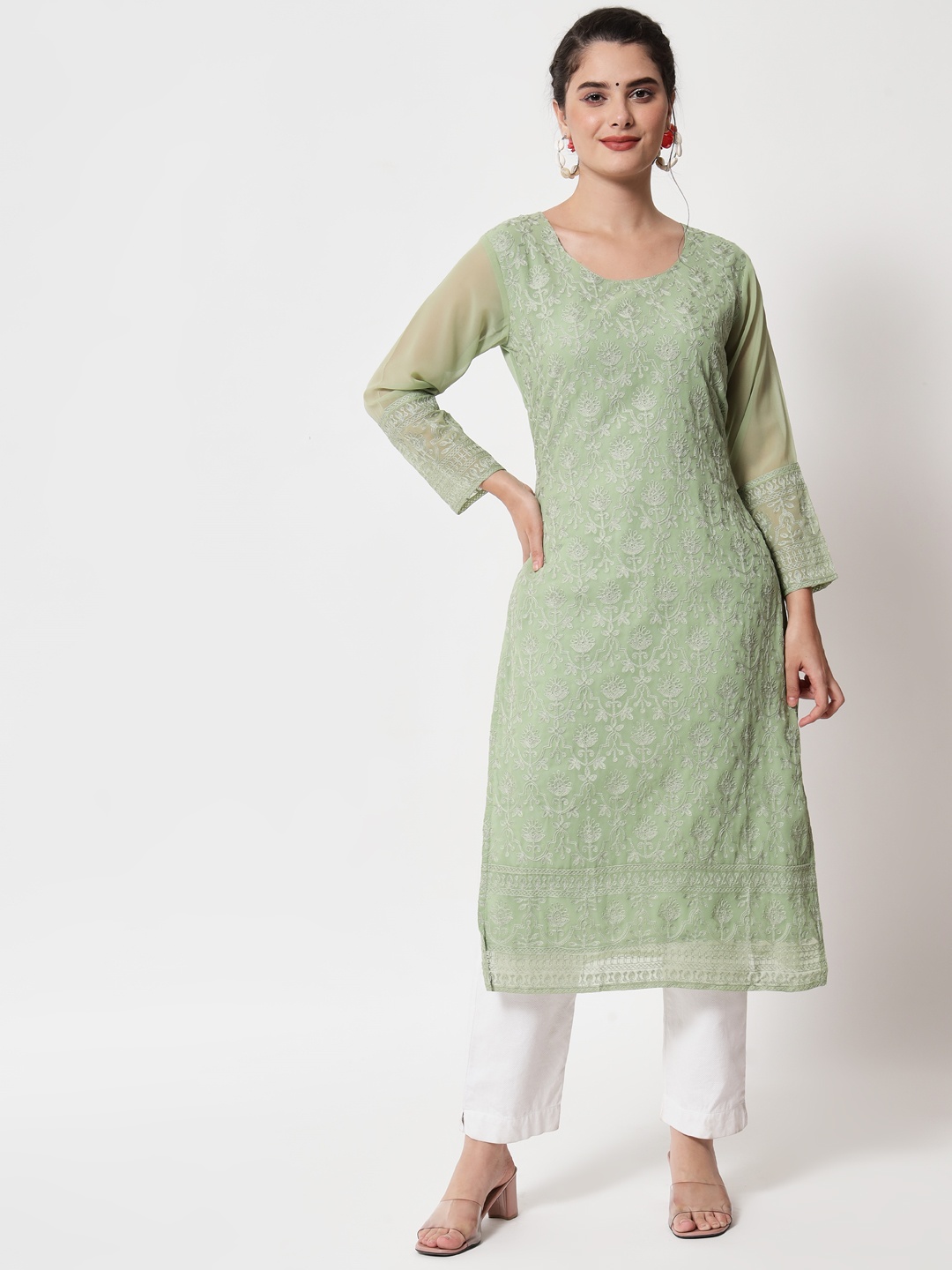 

VAIRAGEE Women Green Ethnic Motifs Cold-Shoulder Sleeves Chikankari Georgette Anarkali Kurta