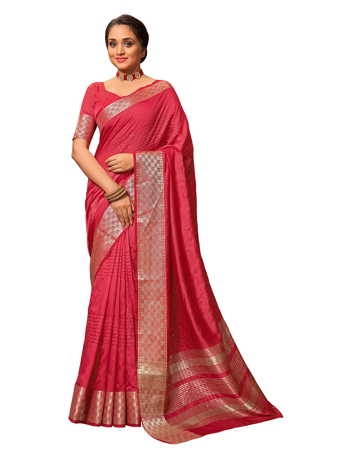 

MANOHARI Pink & Silver-Toned Woven Design Zari Saree