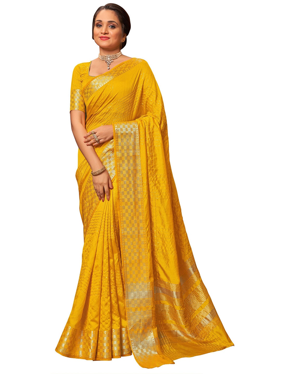 

MANOHARI Yellow & Gold Woven Design Zari Nylon Saree