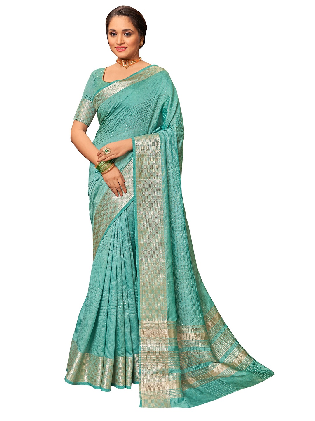 

MANOHARI Blue & Gold-Toned Embellished Saree