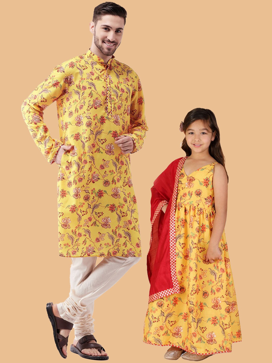 

VASTRAMAY Girls Yellow & Maroon Floral Print Cotton Ethnic Dress With Dupatta