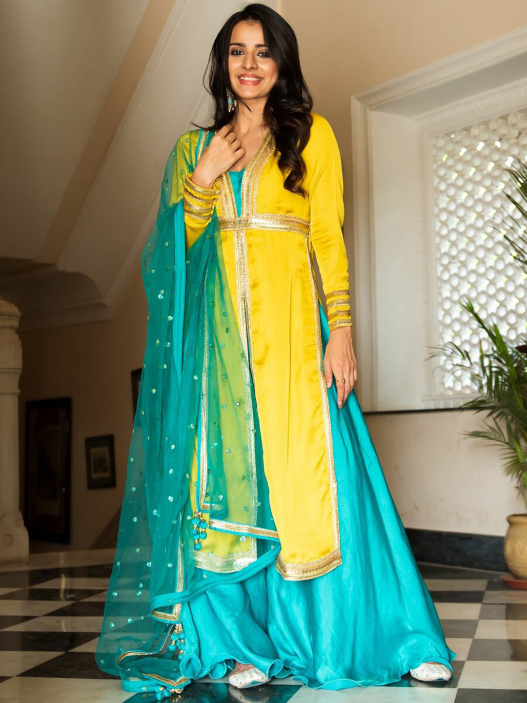 

Lavanya The Label Women Yellow Embroidered Kurta with Skirt & With Dupatta