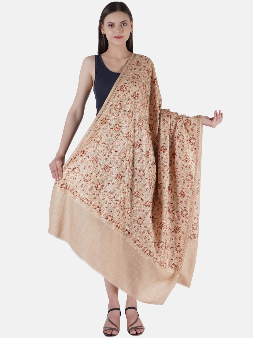 

MUFFLY Women Beige Embroidered Wool Shawl