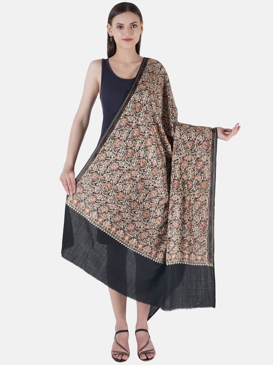 

MUFFLY Women Black Fine Wool Pashmina Nalki Embroidery Needle Work Shawl