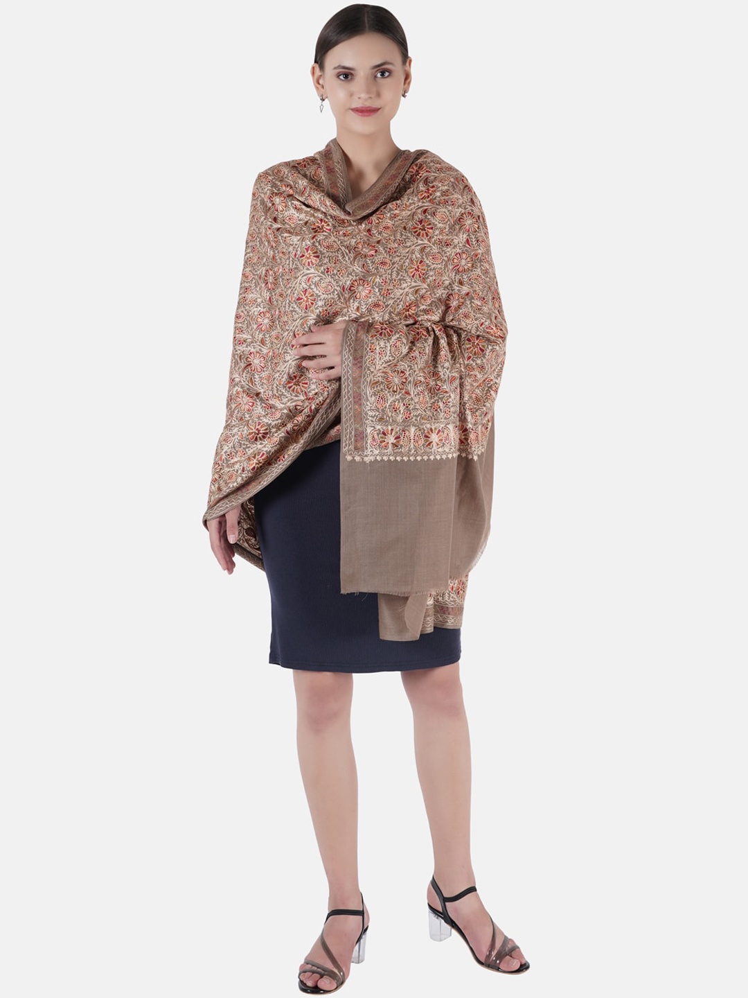 

MUFFLY Women Beige Embroidered Wool Shawl