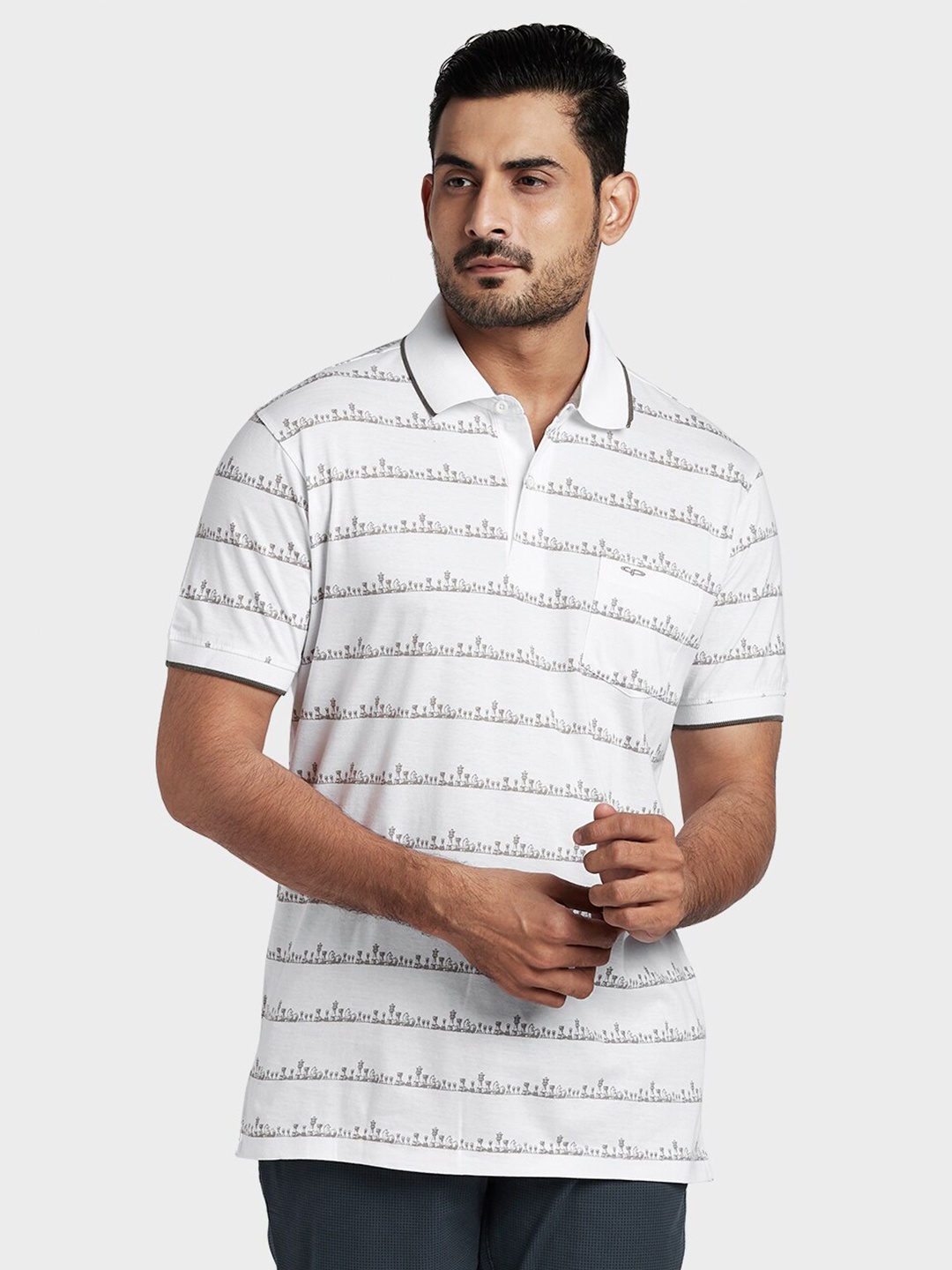 

ColorPlus Men White & Grey Striped Polo Collar T-shirt