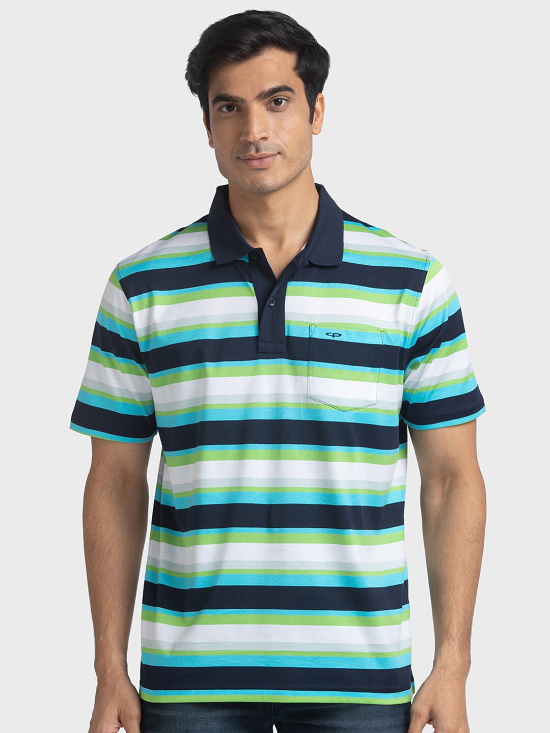 

ColorPlus Men Blue Striped Polo Collar Cotton T-shirt