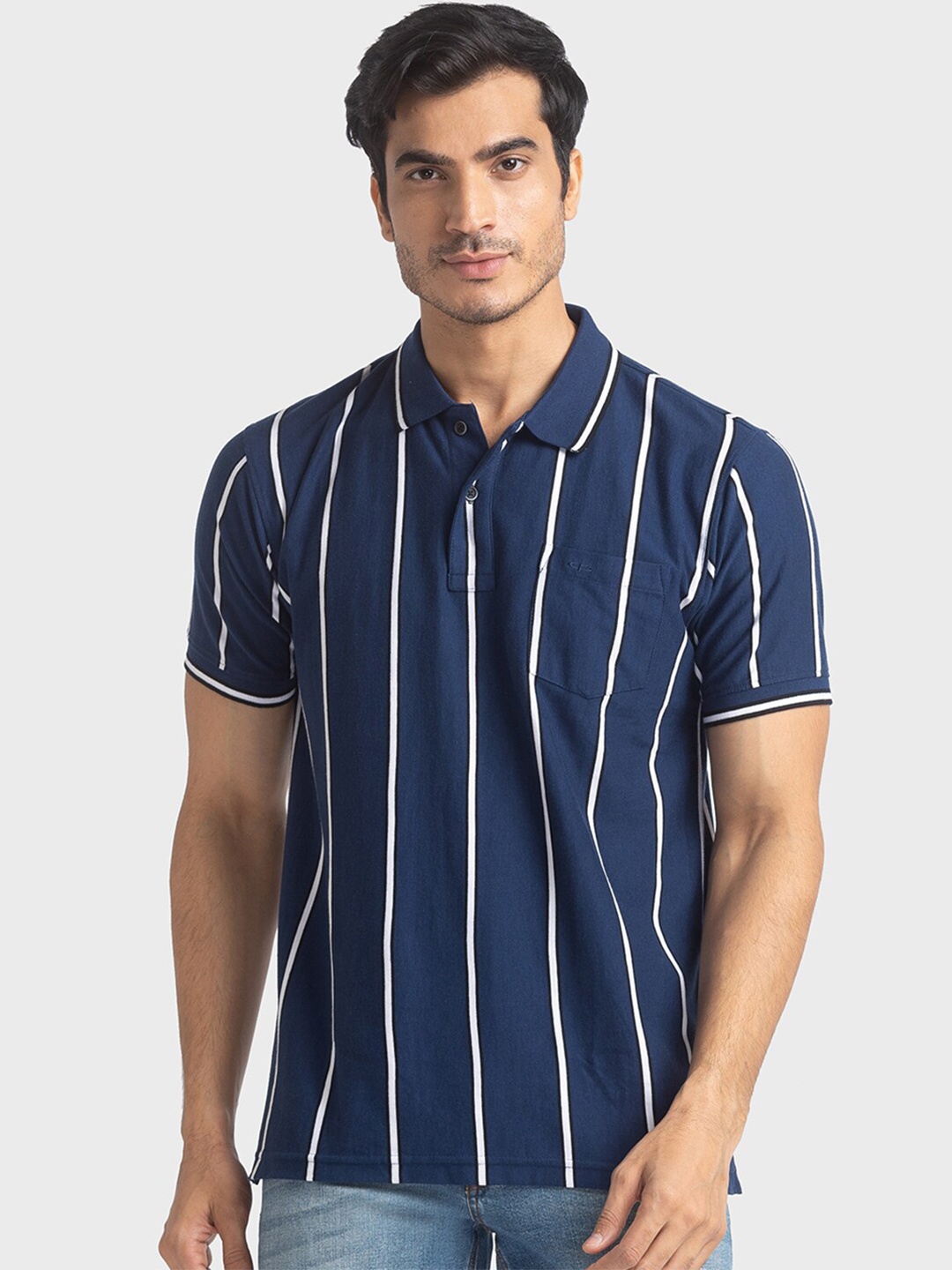 

ColorPlus Men Blue Striped Polo Collar T-shirt