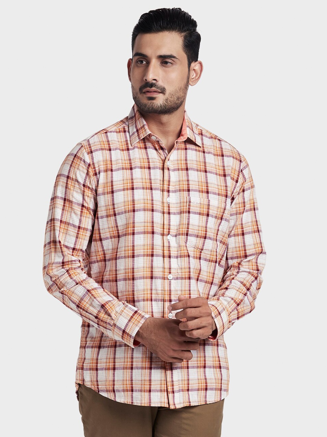 

ColorPlus Men Orange Tailored Fit Checked Casual Shirt