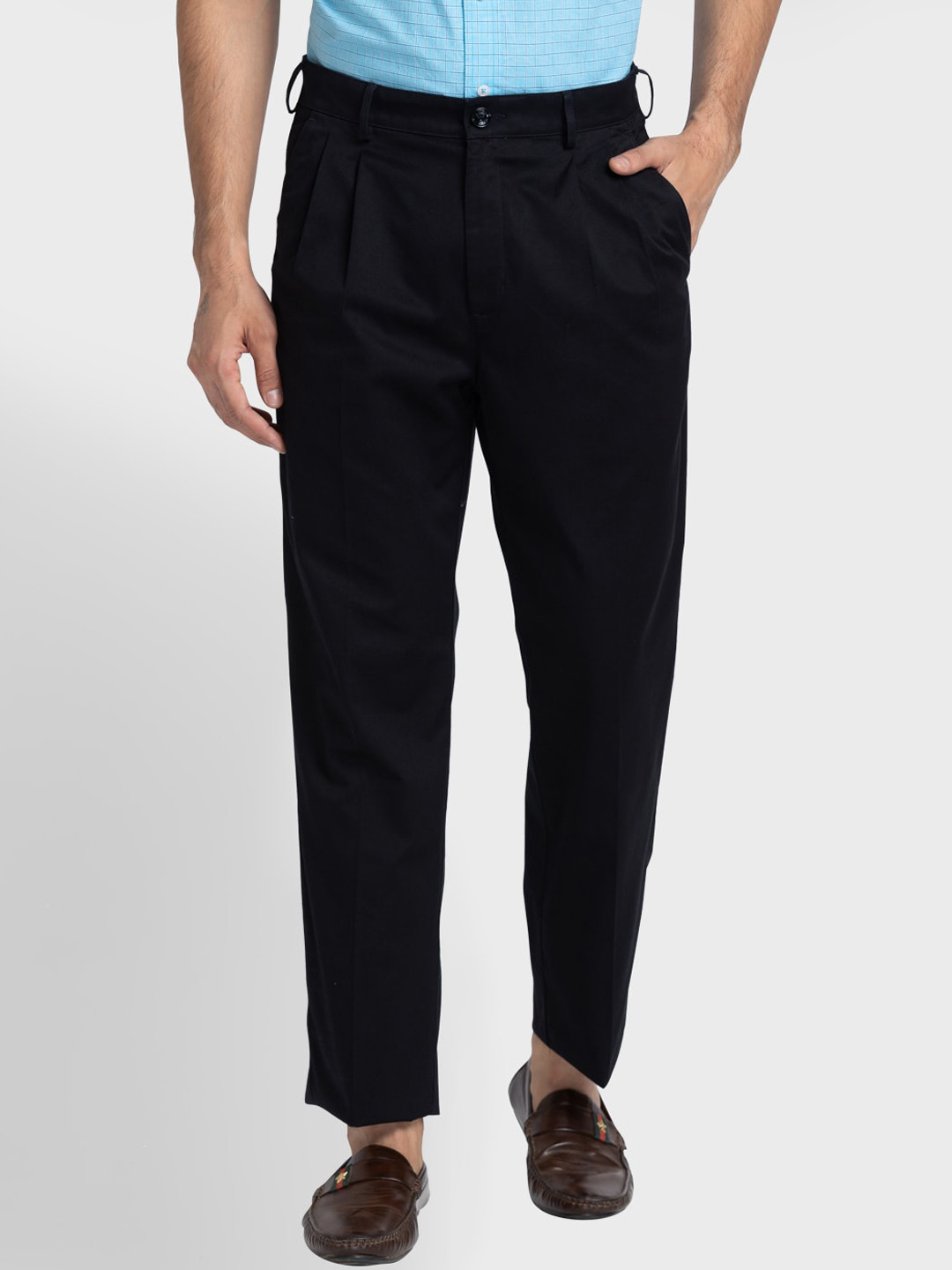 

ColorPlus Men Black Pleated Cotton Trousers