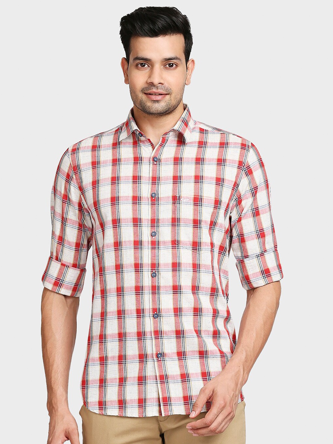 

ColorPlus Men Red Tailored Fit Checked Casual Shirt