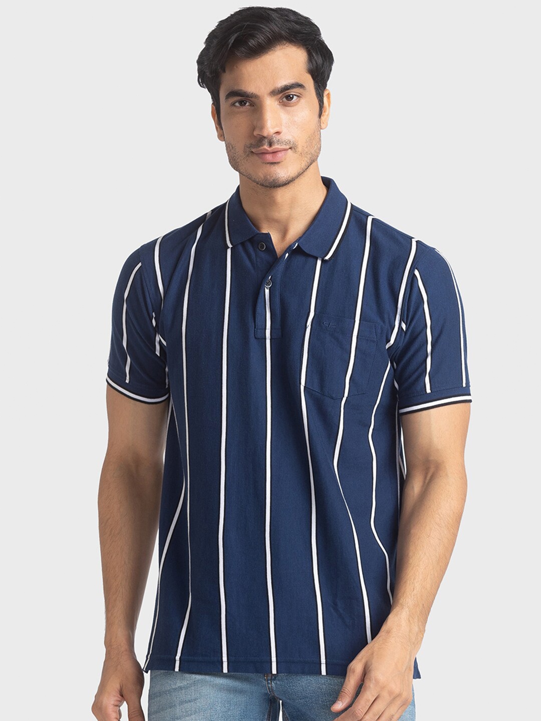

ColorPlus Men Blue Striped Polo Collar T-shirt