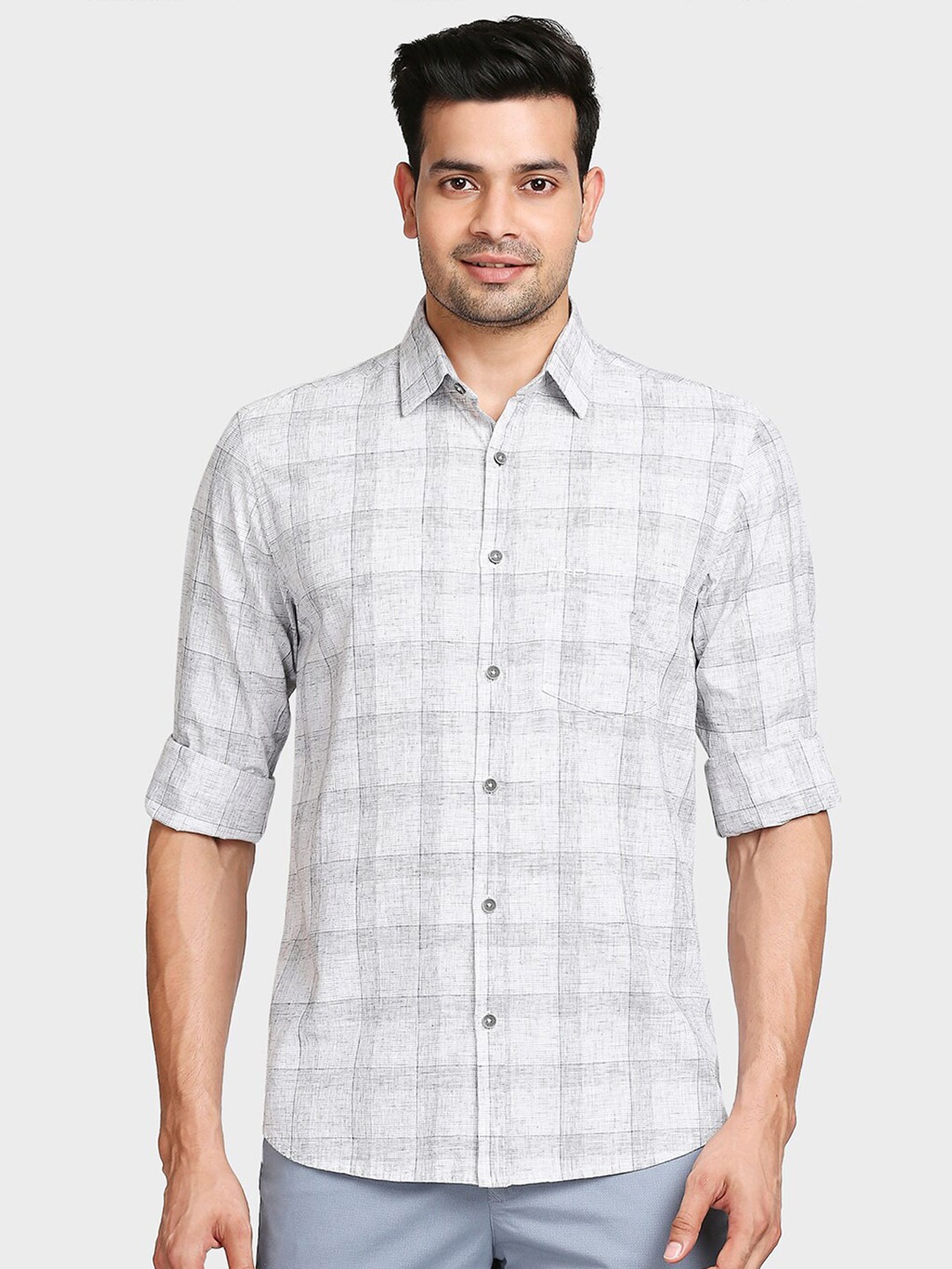 

ColorPlus Men Grey Tailored Fit Checked Cotton Casual Shirt