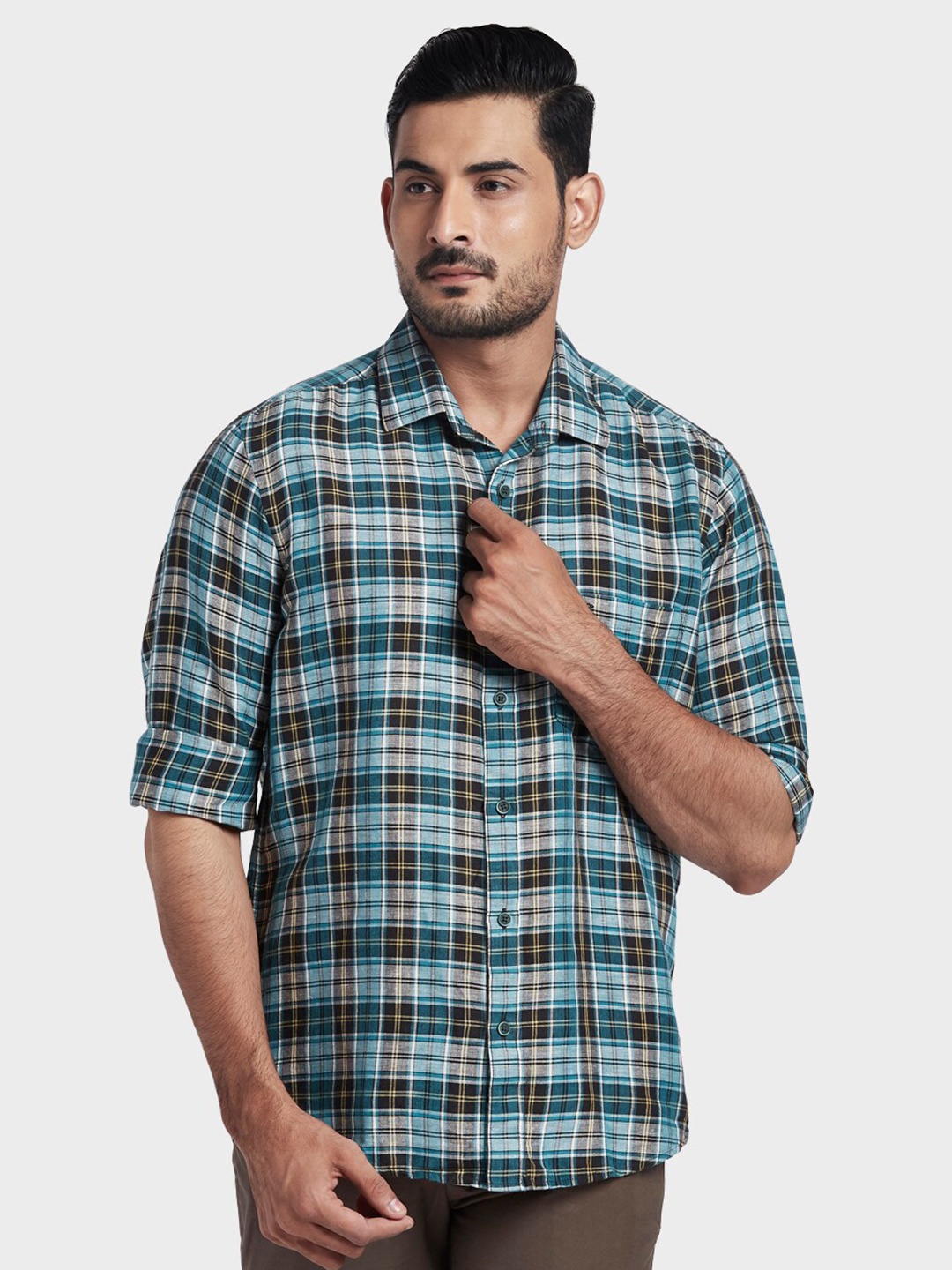 

ColorPlus Men Green Tailored Fit Tartan Checked Cotton Casual Shirt