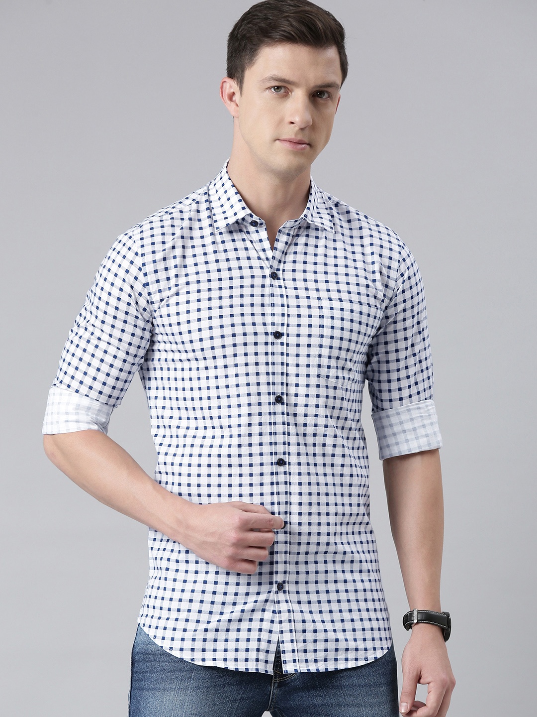 

DEZANO Men Blue & White Pure Cotton Micro Checked Casual Shirt