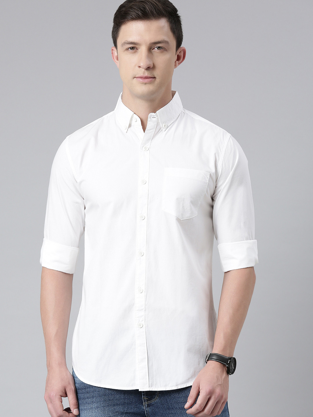 

DEZANO Men White Pure Cotton Comfort Fit Striped Casual Shirt