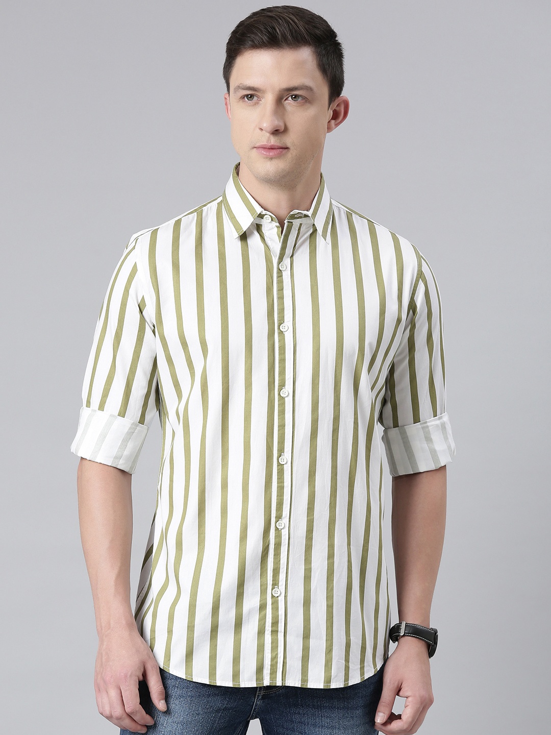 

DEZANO Men Green & White Comfort Striped Casual Shirt