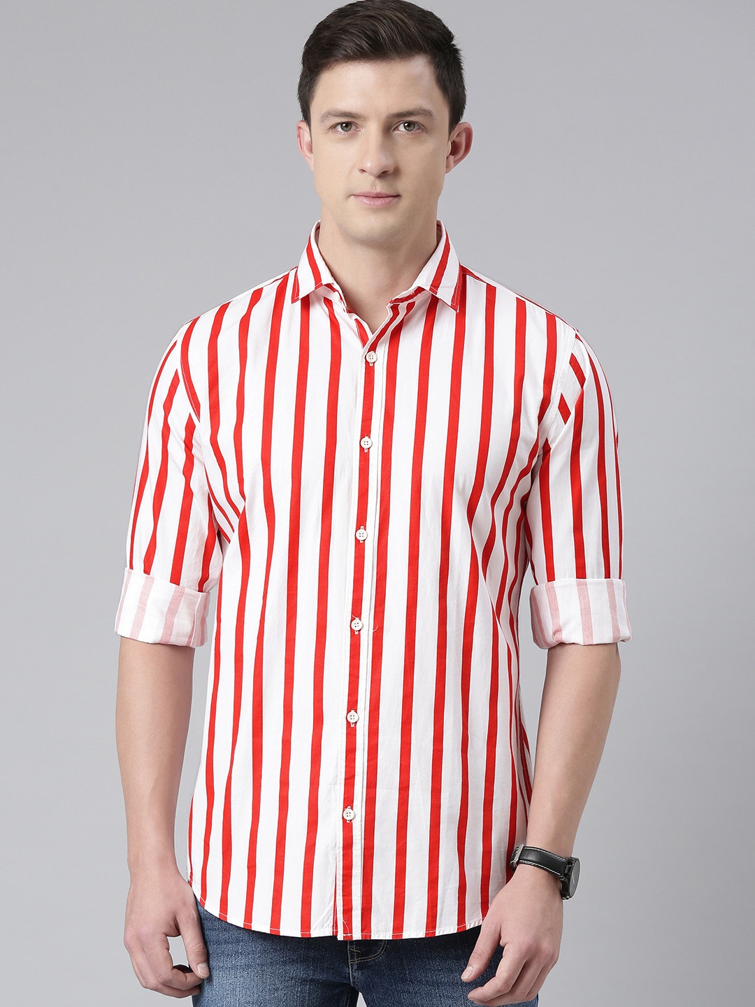 

DEZANO Men Red & White Pure Cotton Comfort Fit Striped Casual Shirt