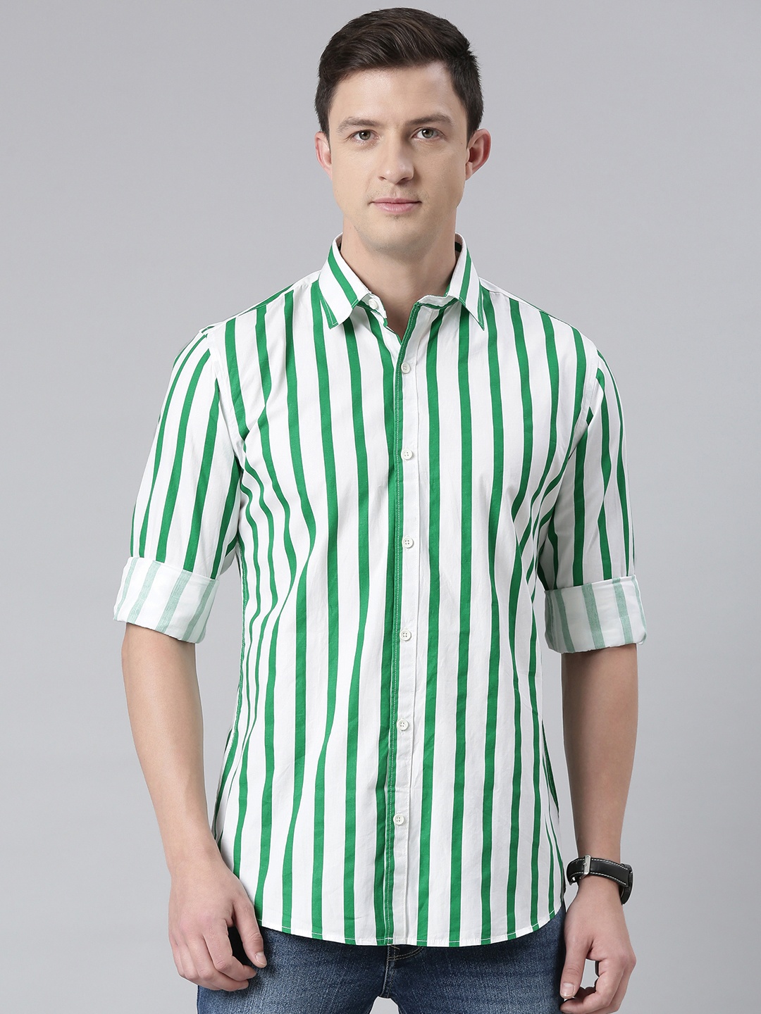 

DEZANO Men Grey Pure Cotton Comfort Fit Striped Casual Shirt