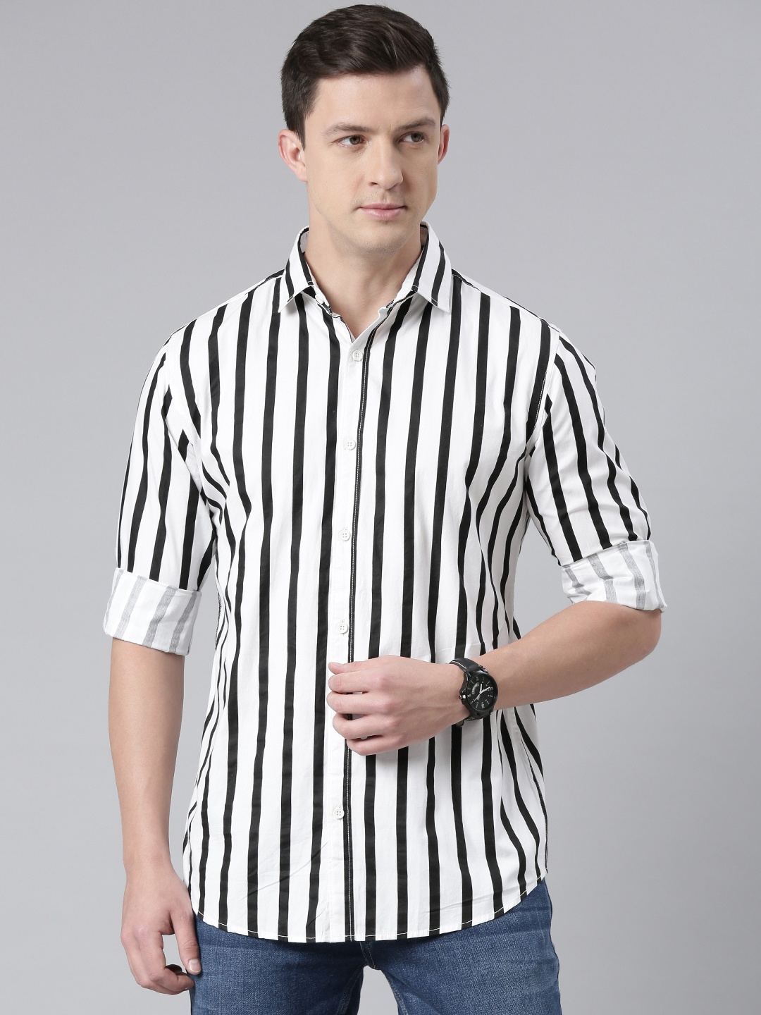 

DEZANO Men Black & White Pure Cotton Comfort Fit Striped Casual Shirt