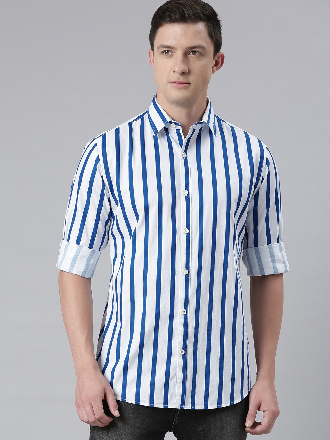 

DEZANO Men Blue & White Pure Cotton Comfort Fit Striped Casual Shirt