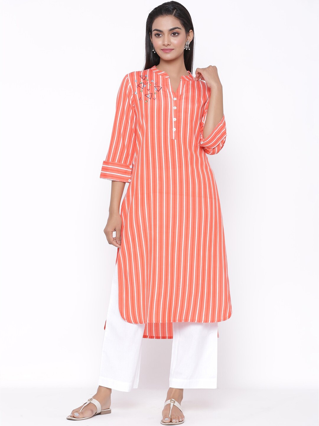 

SUTI Women Peach-Coloured Striped Mandarin Collar Kurta With Palazzos
