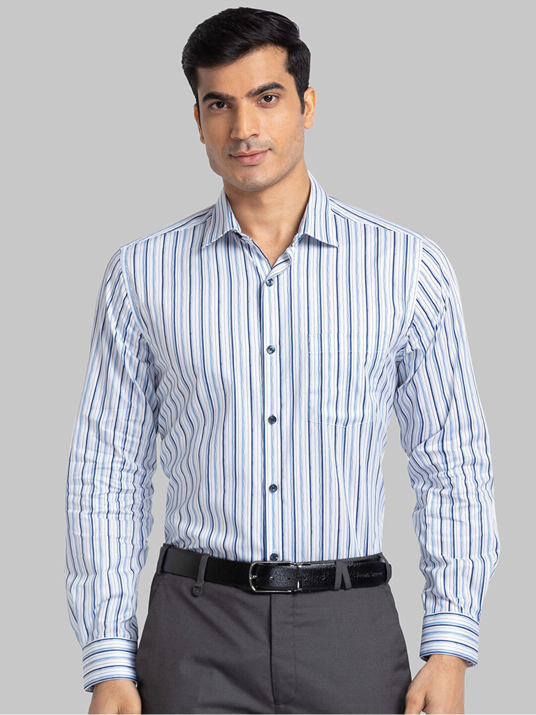 

Park Avenue Men Blue Striped Casual Shirt