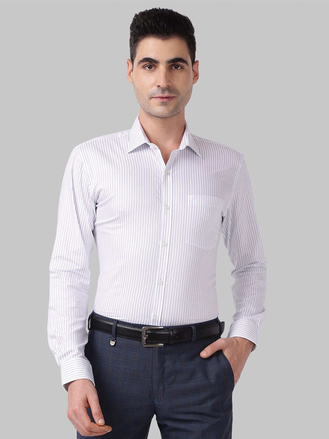 

Park Avenue Men White Slim Fit Striped Formal Shirt